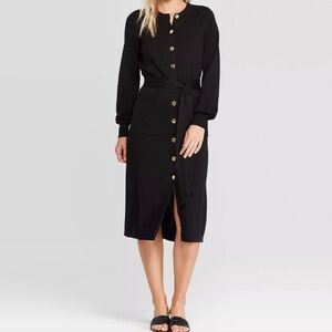 Who What Wear Black Button Down Long Sleeve Midi Belted Sweater Dress